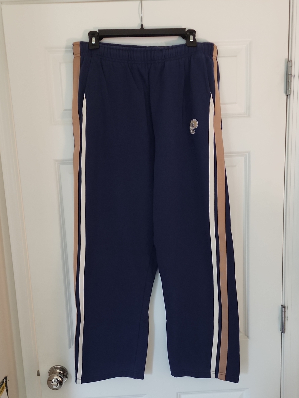 Navy Sweatpants with Tan & White Side Stripes
